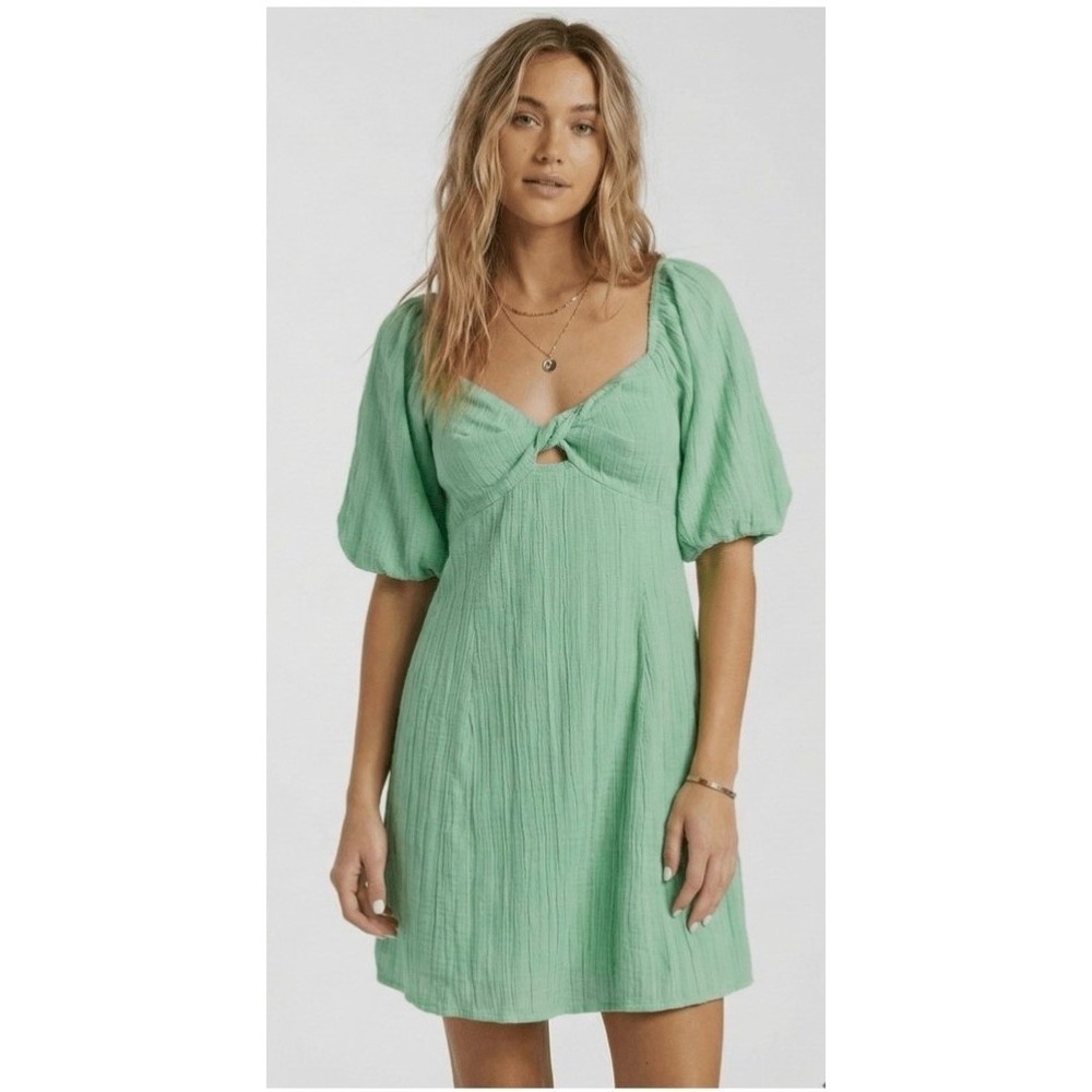 Billabong Cotton Gauze Mini Dress Women's S Green Puff Sleeve Cottagecore